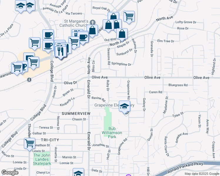 map of restaurants, bars, coffee shops, grocery stores, and more near 933 Ruby Drive in Vista