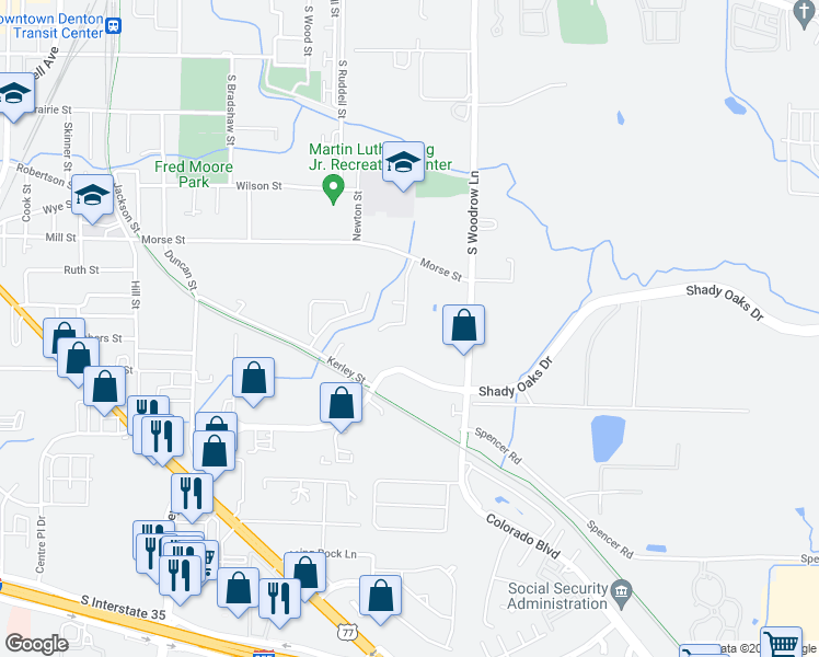map of restaurants, bars, coffee shops, grocery stores, and more near 1021 Baldwin Street in Denton