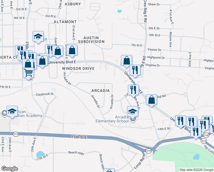 map of restaurants, bars, coffee shops, grocery stores, and more near 99 Arcadia Dr in Tuscaloosa