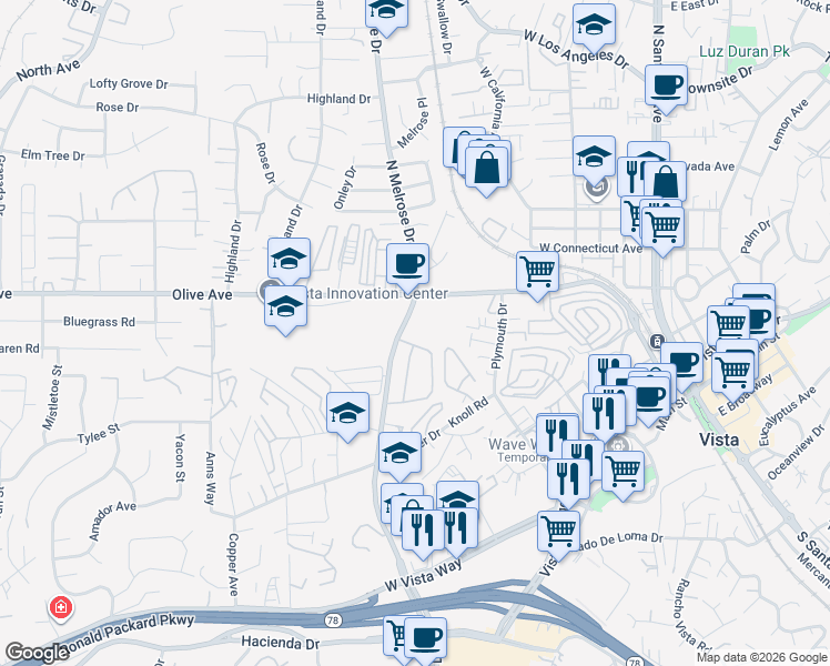 map of restaurants, bars, coffee shops, grocery stores, and more near 401 North Melrose Drive in Vista