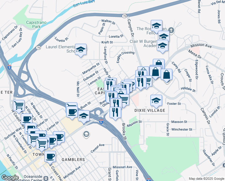 map of restaurants, bars, coffee shops, grocery stores, and more near 414 Holly Street in Oceanside