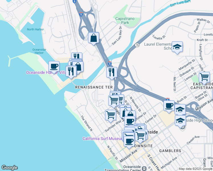 map of restaurants, bars, coffee shops, grocery stores, and more near 1103 North Coast Highway in Oceanside