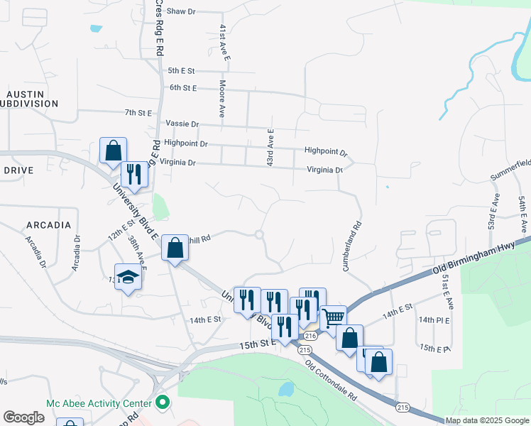 map of restaurants, bars, coffee shops, grocery stores, and more near 931-939 Parkhill Drive in Tuscaloosa