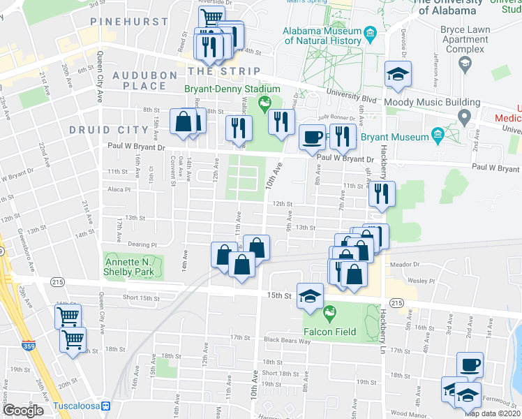 map of restaurants, bars, coffee shops, grocery stores, and more near 1001 12th Street in Tuscaloosa