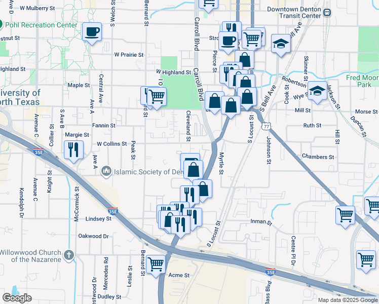 map of restaurants, bars, coffee shops, grocery stores, and more near in Denton