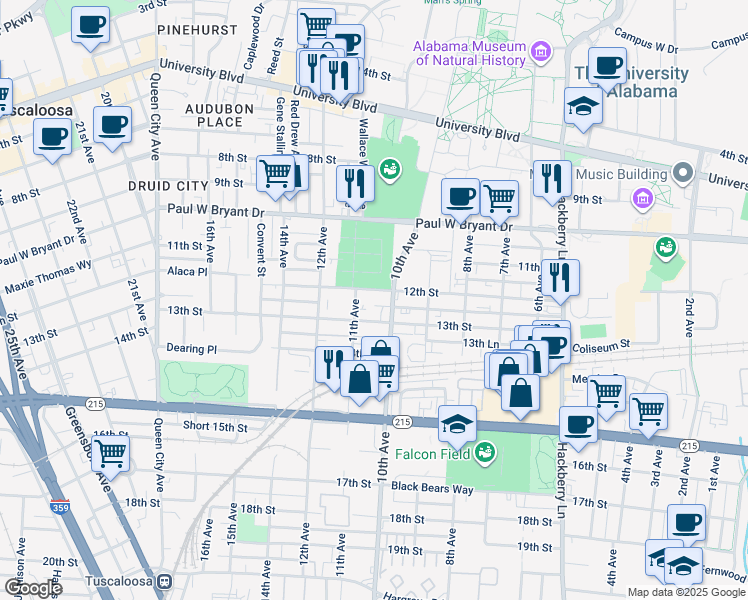 map of restaurants, bars, coffee shops, grocery stores, and more near 1009 12th Street in Tuscaloosa