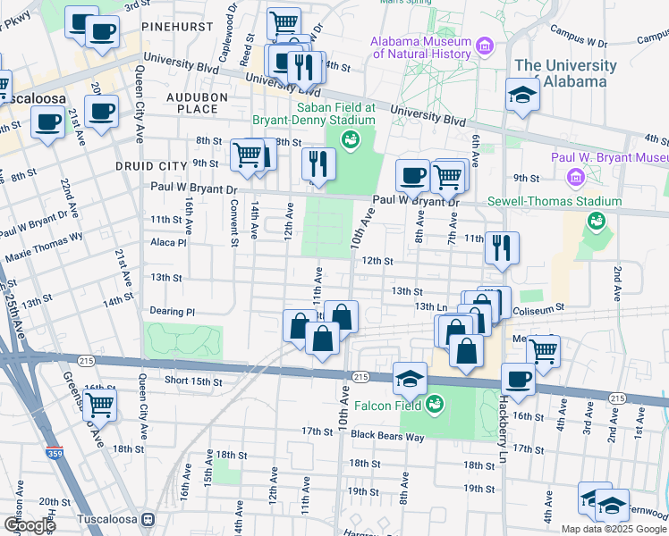 map of restaurants, bars, coffee shops, grocery stores, and more near 1009 12th Street in Tuscaloosa