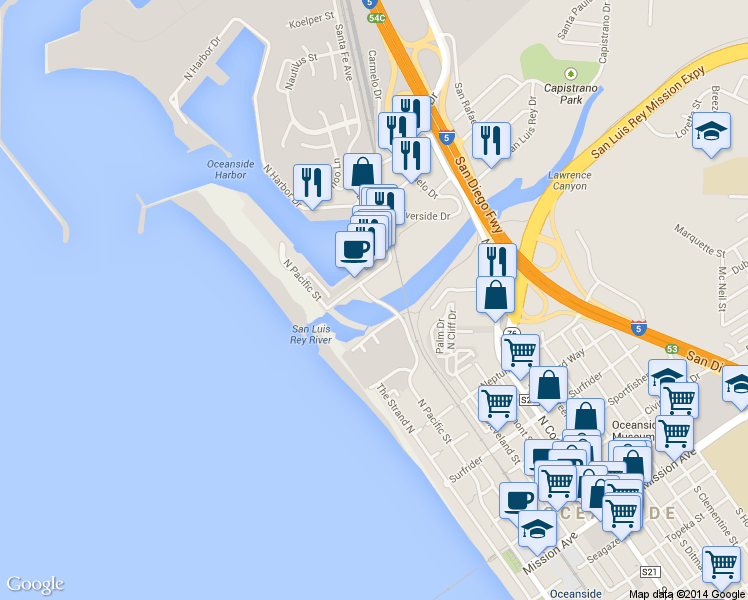 map of restaurants, bars, coffee shops, grocery stores, and more near 1061-1099 North Pacific Street in Oceanside