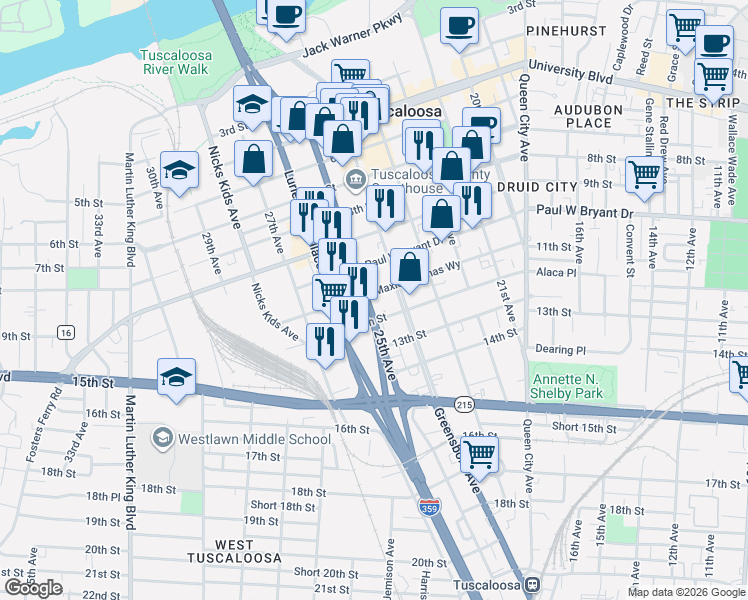 map of restaurants, bars, coffee shops, grocery stores, and more near 1010 Greensboro Avenue in Tuscaloosa