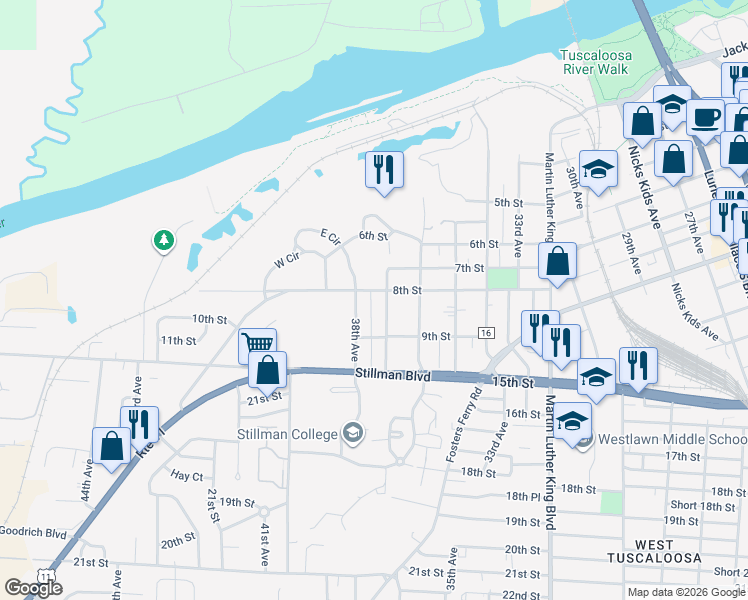 map of restaurants, bars, coffee shops, grocery stores, and more near 3708 8th Street in Tuscaloosa