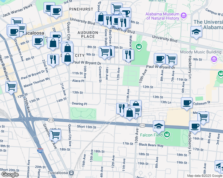 map of restaurants, bars, coffee shops, grocery stores, and more near 1215 12th Street in Tuscaloosa