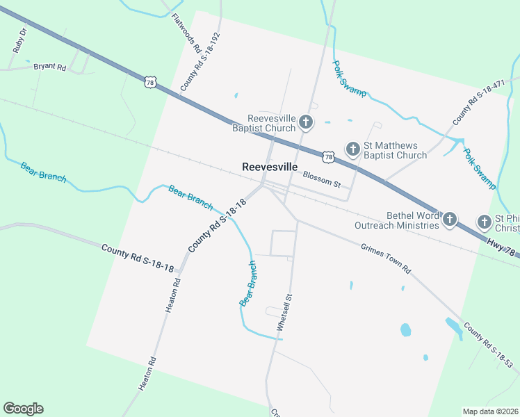 map of restaurants, bars, coffee shops, grocery stores, and more near 106 Reeves Street in Reevesville