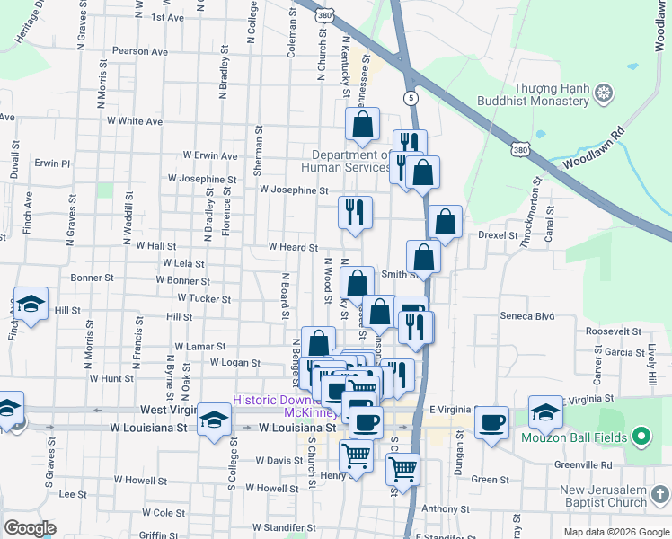 map of restaurants, bars, coffee shops, grocery stores, and more near 612 North Wood Street in McKinney