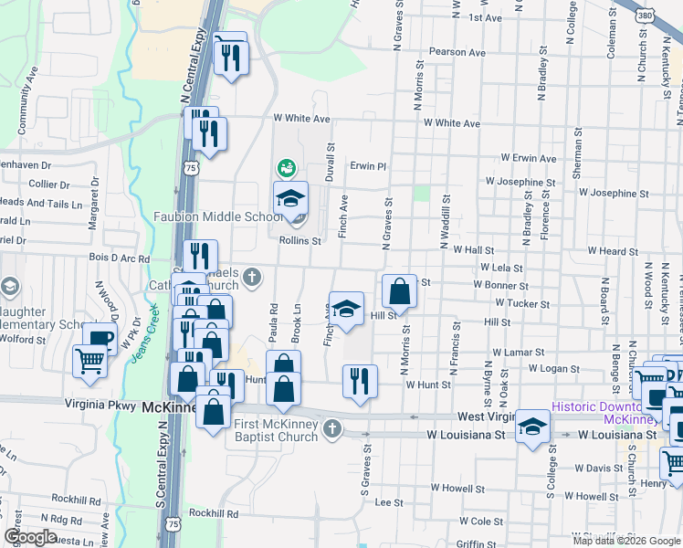 map of restaurants, bars, coffee shops, grocery stores, and more near 801 Finch Avenue in McKinney