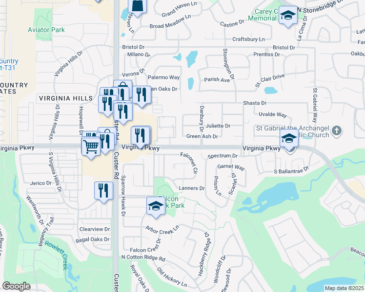 map of restaurants, bars, coffee shops, grocery stores, and more near 8500 Virginia Parkway in McKinney
