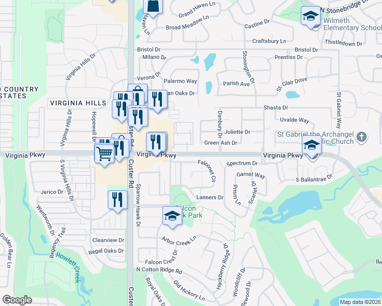 map of restaurants, bars, coffee shops, grocery stores, and more near 8670 Virginia Parkway in McKinney
