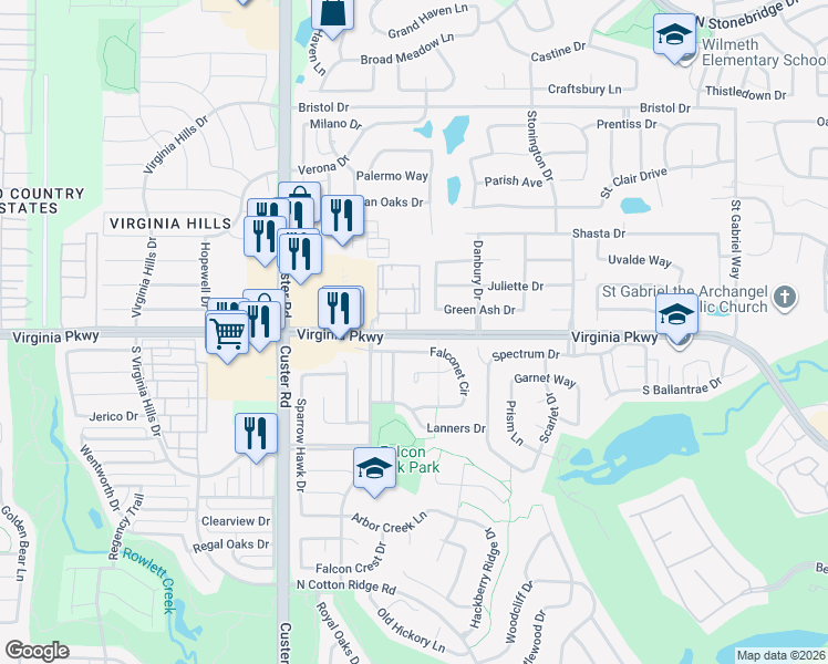 map of restaurants, bars, coffee shops, grocery stores, and more near 8678 Virginia Parkway in McKinney