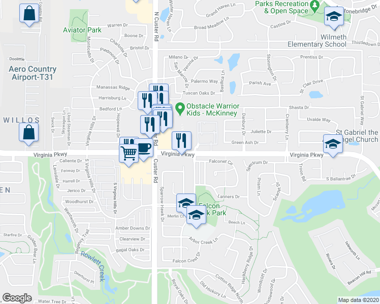 map of restaurants, bars, coffee shops, grocery stores, and more near 8800 Virginia Parkway in McKinney