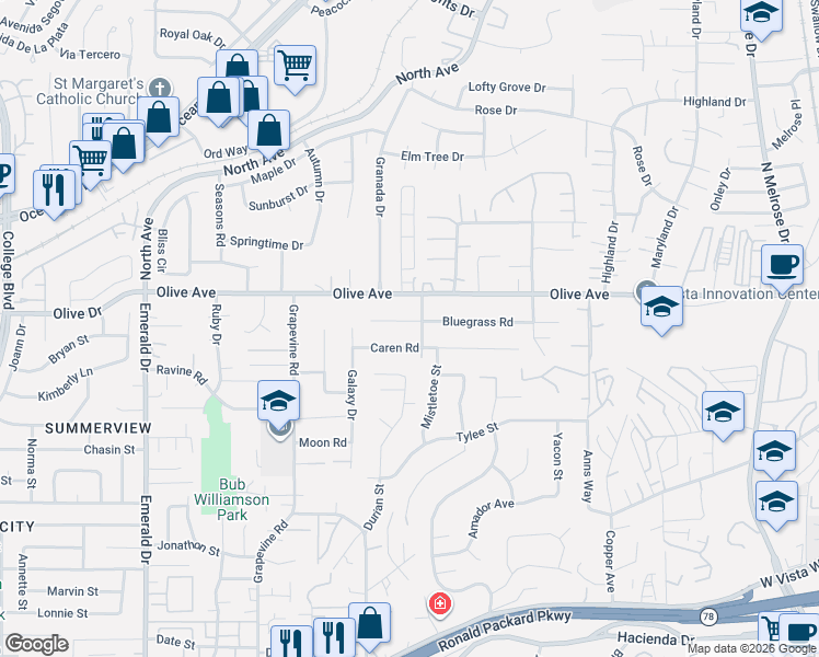 map of restaurants, bars, coffee shops, grocery stores, and more near 1259 Bluegrass Road in Vista
