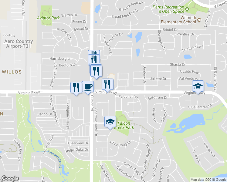 map of restaurants, bars, coffee shops, grocery stores, and more near 8790 Virginia Parkway in McKinney