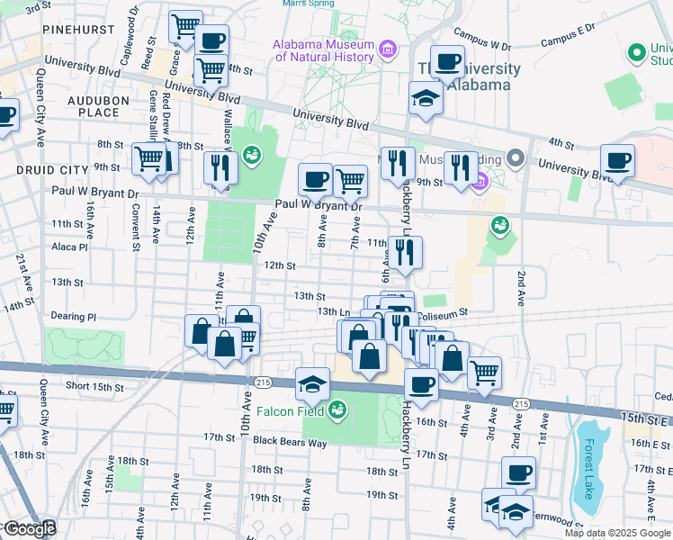 map of restaurants, bars, coffee shops, grocery stores, and more near 723 12th Street in Tuscaloosa