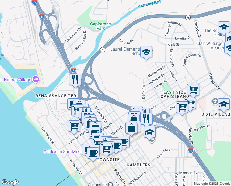 map of restaurants, bars, coffee shops, grocery stores, and more near 760 Harbor Cliff Way in Oceanside