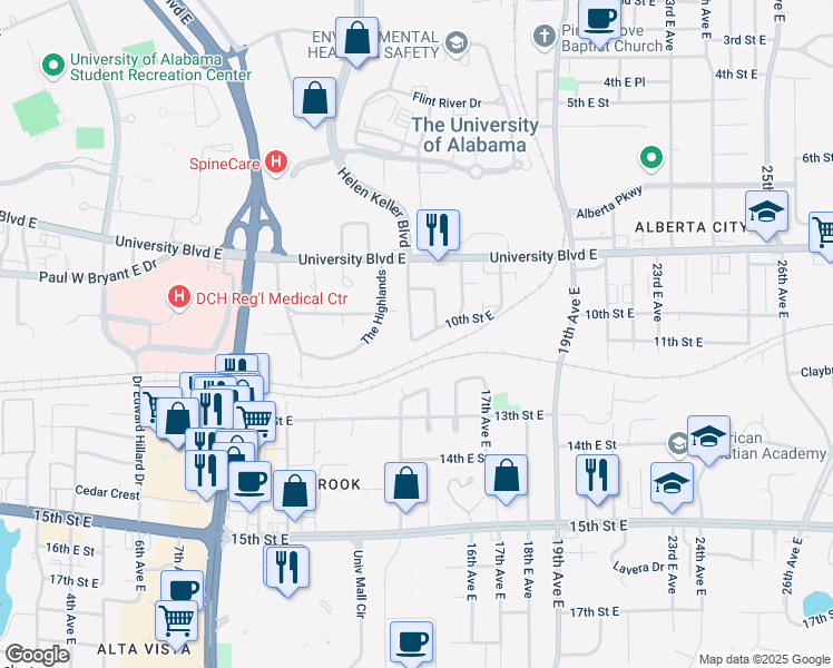 map of restaurants, bars, coffee shops, grocery stores, and more near 31 Beverly Heights in Tuscaloosa