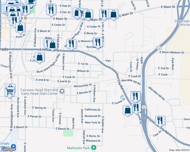 map of restaurants, bars, coffee shops, grocery stores, and more near 1331 Wilson Street in El Dorado