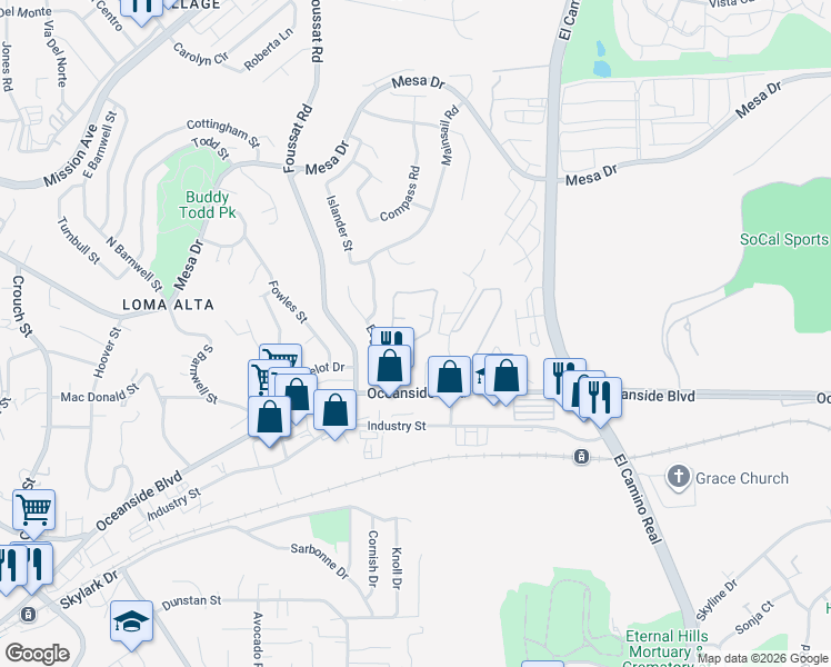 map of restaurants, bars, coffee shops, grocery stores, and more near 432 Edgehill Lane in Oceanside