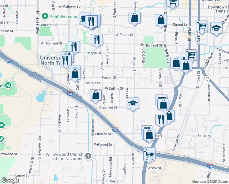 map of restaurants, bars, coffee shops, grocery stores, and more near 1107 Neff Street in Denton