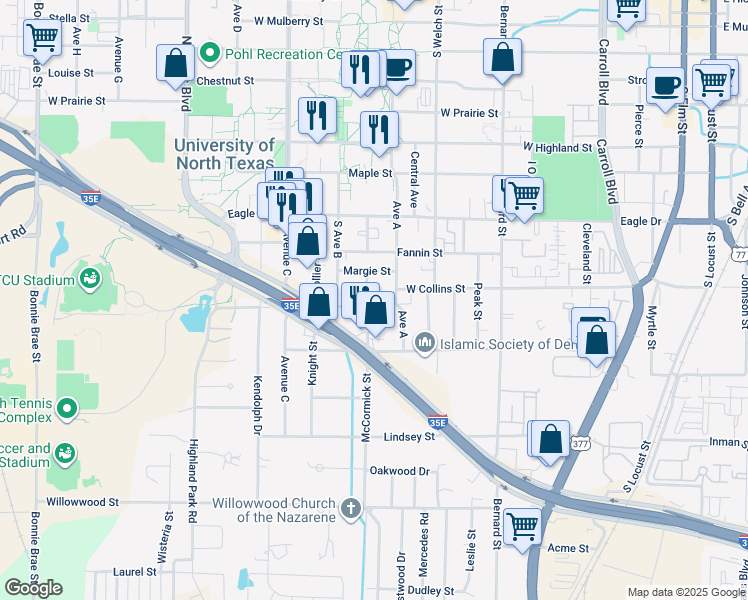 map of restaurants, bars, coffee shops, grocery stores, and more near 1328 Underwood Street in Denton