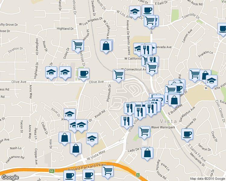 map of restaurants, bars, coffee shops, grocery stores, and more near 425 Plymouth Drive in Vista