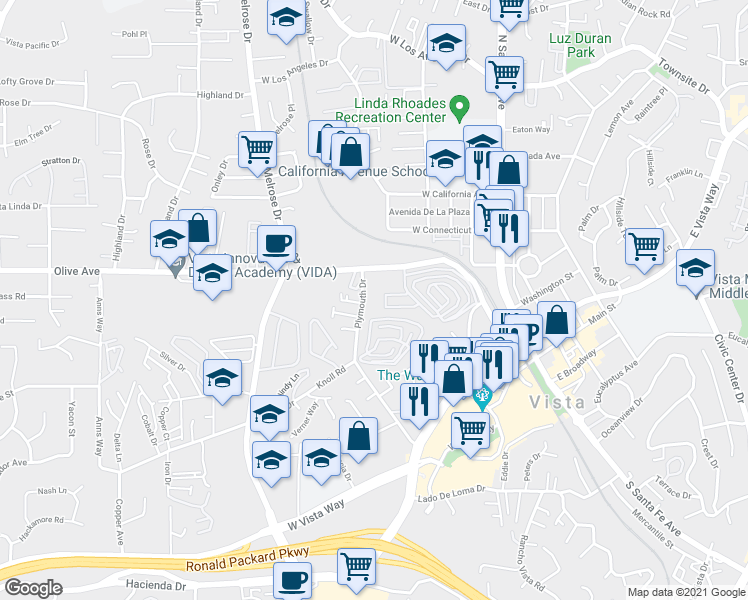 map of restaurants, bars, coffee shops, grocery stores, and more near 425 Plymouth Drive in Vista