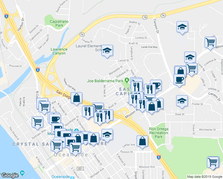 map of restaurants, bars, coffee shops, grocery stores, and more near 729 Santa Barbara Street in Oceanside
