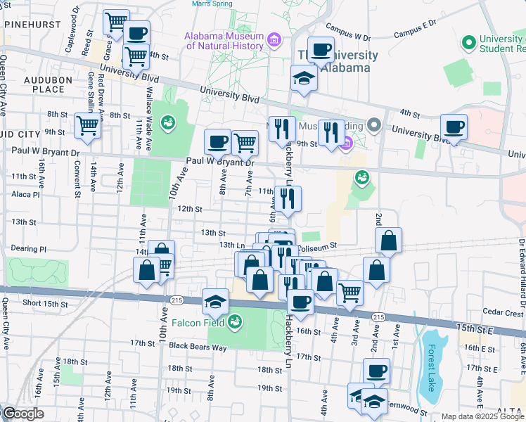 map of restaurants, bars, coffee shops, grocery stores, and more near 608-1/2 12th Avenue in Tuscaloosa