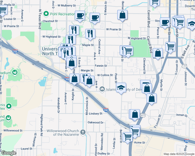 map of restaurants, bars, coffee shops, grocery stores, and more near 1201 West Collins Street in Denton