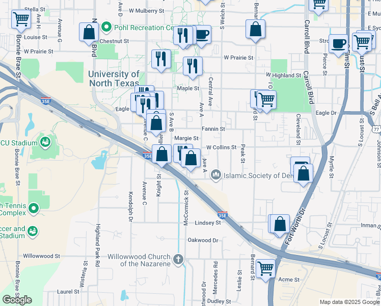 map of restaurants, bars, coffee shops, grocery stores, and more near 1118 McCormick Street in Denton