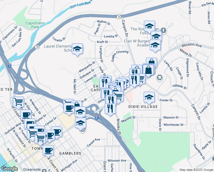 map of restaurants, bars, coffee shops, grocery stores, and more near Bush Street in Oceanside