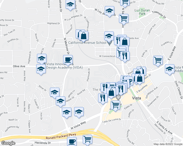map of restaurants, bars, coffee shops, grocery stores, and more near 415 Plymouth Drive in Vista