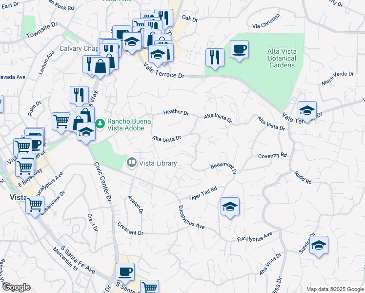 map of restaurants, bars, coffee shops, grocery stores, and more near 1028 Parker Place in Vista
