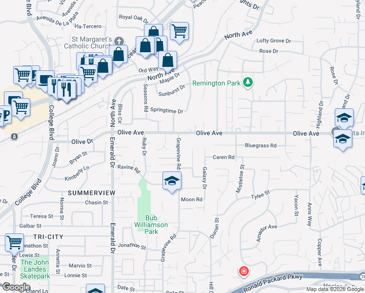 map of restaurants, bars, coffee shops, grocery stores, and more near 837 Grapevine Road in Vista
