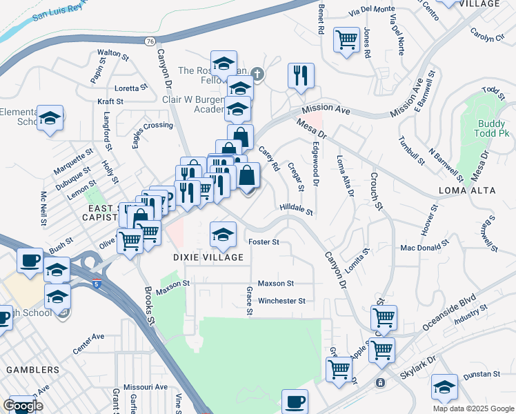 map of restaurants, bars, coffee shops, grocery stores, and more near 180 Canyon Drive in Oceanside