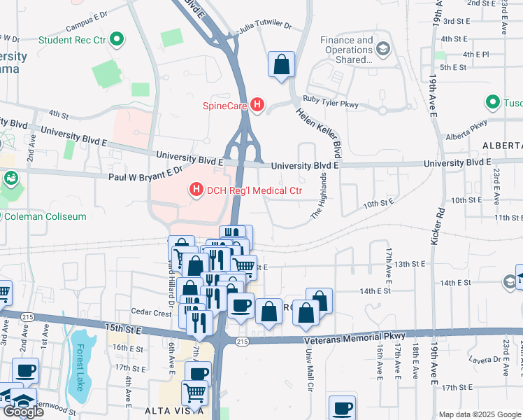 map of restaurants, bars, coffee shops, grocery stores, and more near 16 The Highlands in Tuscaloosa