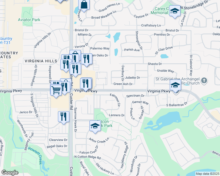 map of restaurants, bars, coffee shops, grocery stores, and more near 8520 Virginia Parkway in McKinney