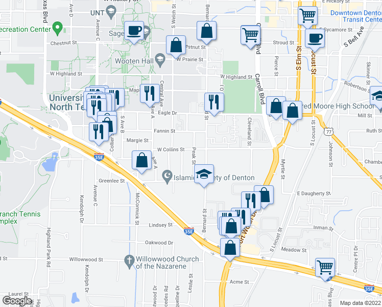 map of restaurants, bars, coffee shops, grocery stores, and more near 1102 Peak Street in Denton