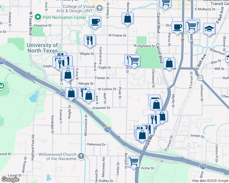 map of restaurants, bars, coffee shops, grocery stores, and more near 1107 Norman Street in Denton