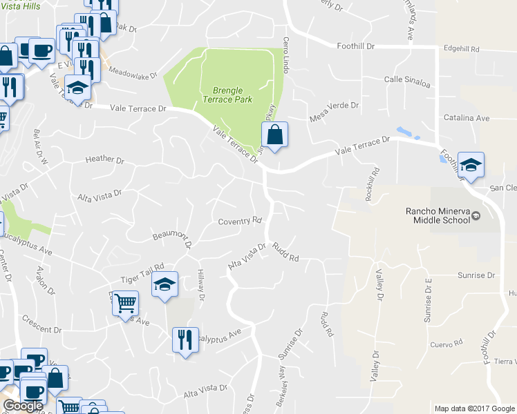map of restaurants, bars, coffee shops, grocery stores, and more near 142 Lynmar Lane in Vista