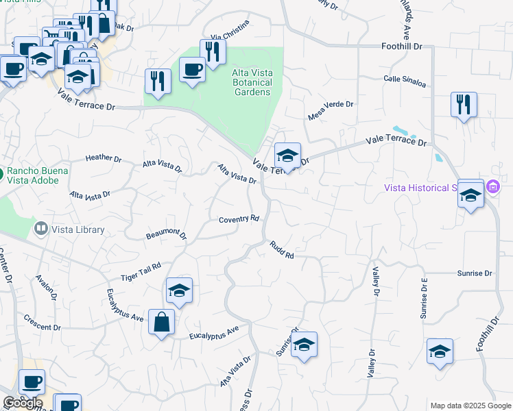 map of restaurants, bars, coffee shops, grocery stores, and more near 142 Lynmar Lane in Vista