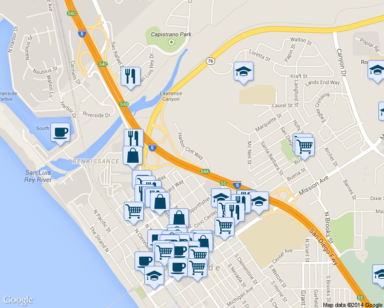 map of restaurants, bars, coffee shops, grocery stores, and more near 790 Harbor Cliff Way in Oceanside