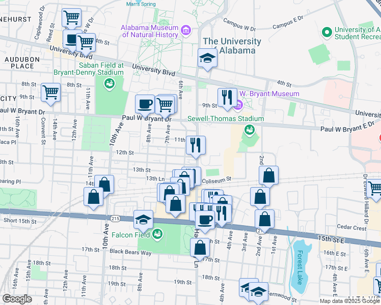 map of restaurants, bars, coffee shops, grocery stores, and more near 1106 Hackberry Lane in Tuscaloosa